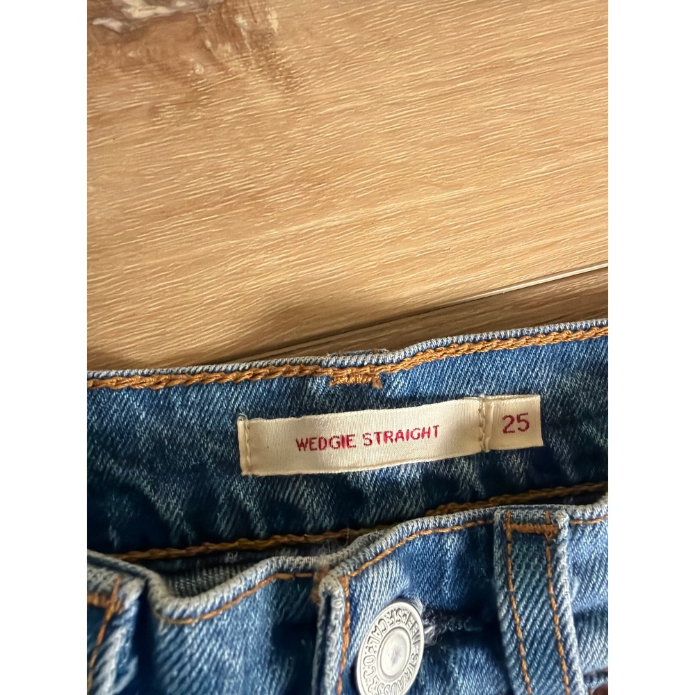 Levis Wedgie Straight Plaid Blue Denim Jeans High Rise Button Fly size 25 - Picture 2 of 10